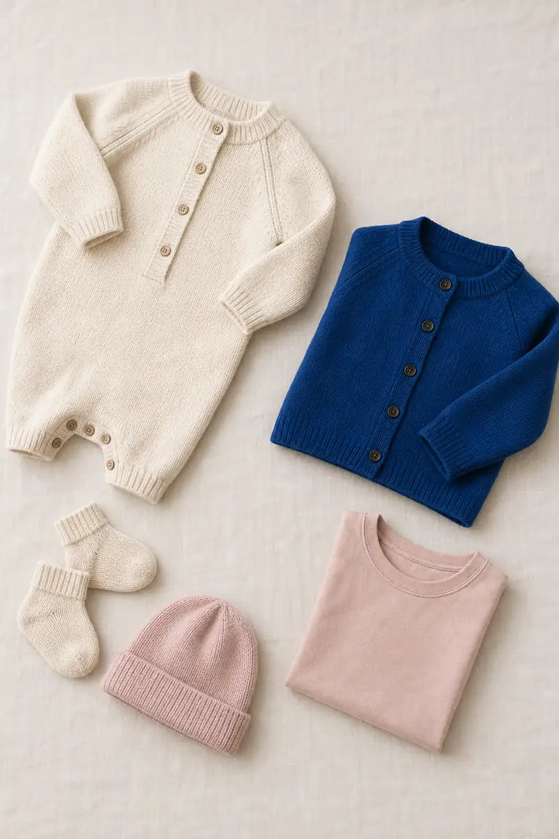 Capi per neonato e bambino visti dall'alto: tutina in maglia avorio, cardigan blu, maglietta rosa, calzini e cuffia